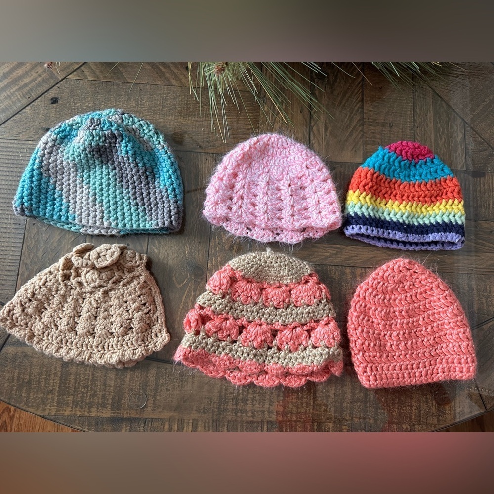Baby Girls Lot 6 Crochet Knit Beanie Hat Pink Blue Rainbow Handmade Warm READ